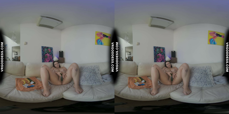 Big Boobed Vanessa Klein Masturbating With Bananas And Cucumbers On The White Casting Couch - Image 6